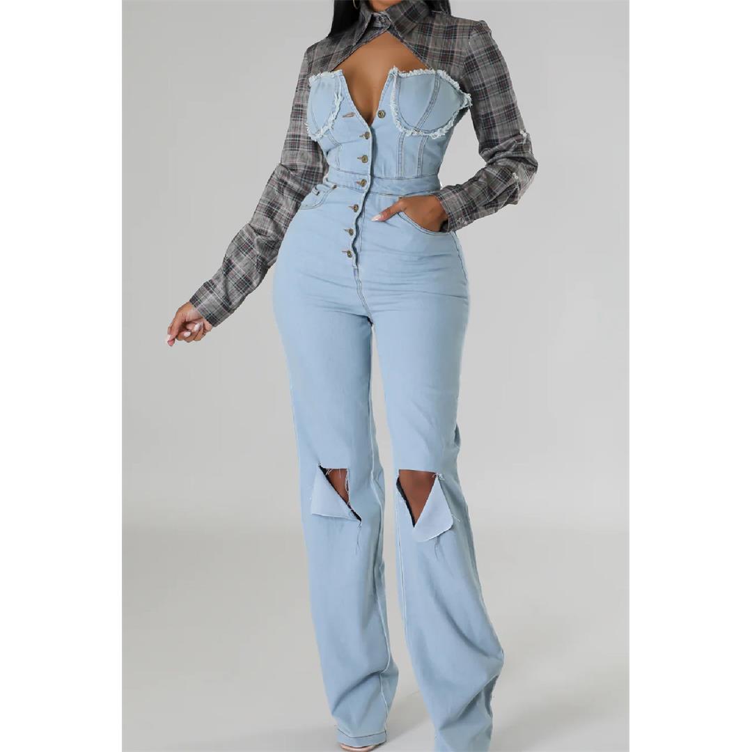 Plaid and Denim Jumpsuit