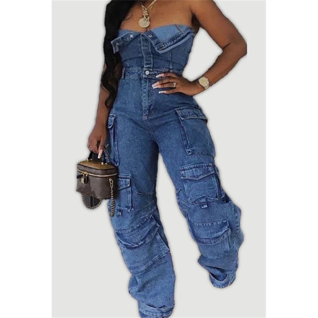 Denim Sleeveless Cargo Jumpsuit