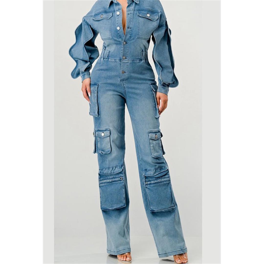 Long Ruffle Sleeve Cargo Denim Jumpsuit