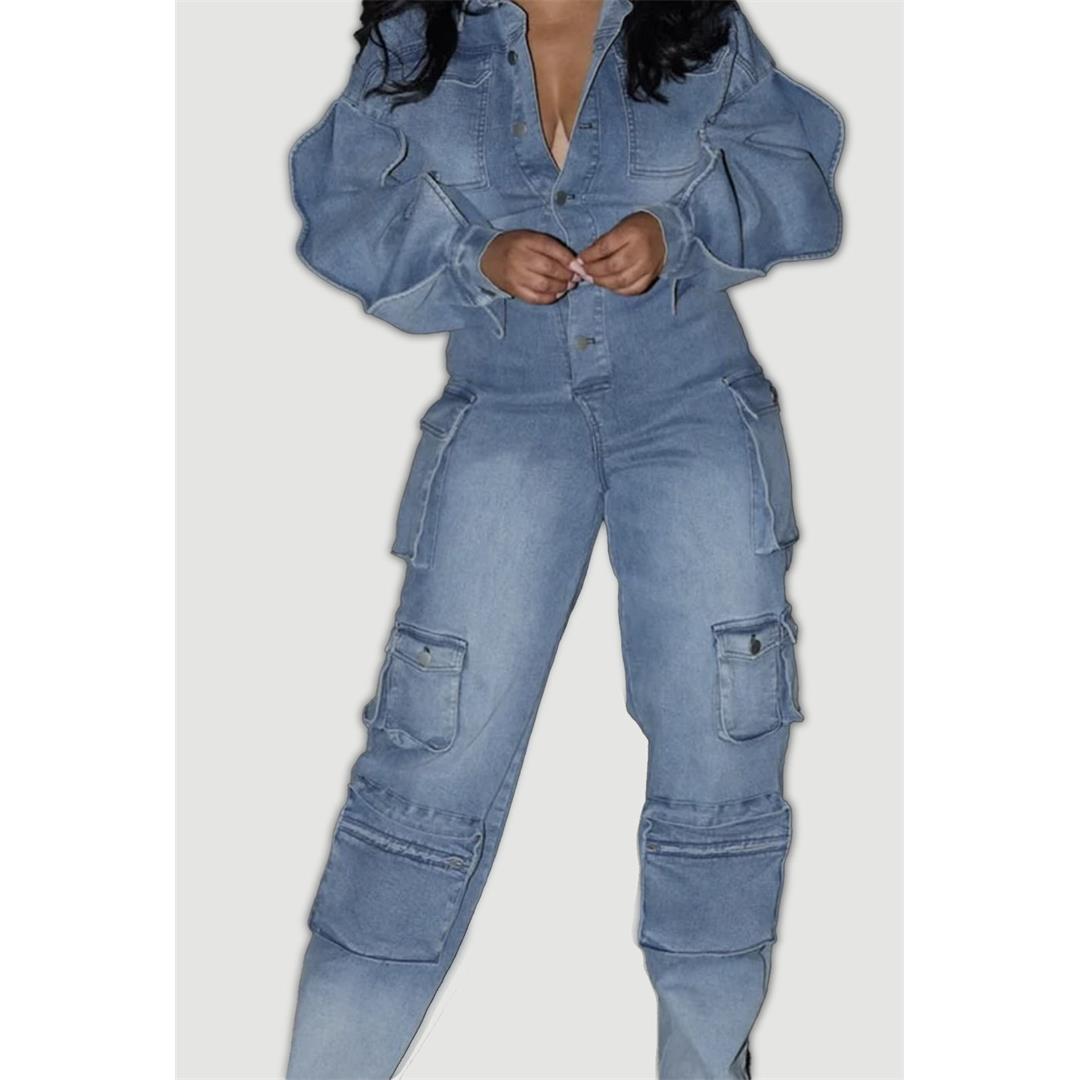 Long Ruffle Sleeve Cargo Denim Jumpsuit