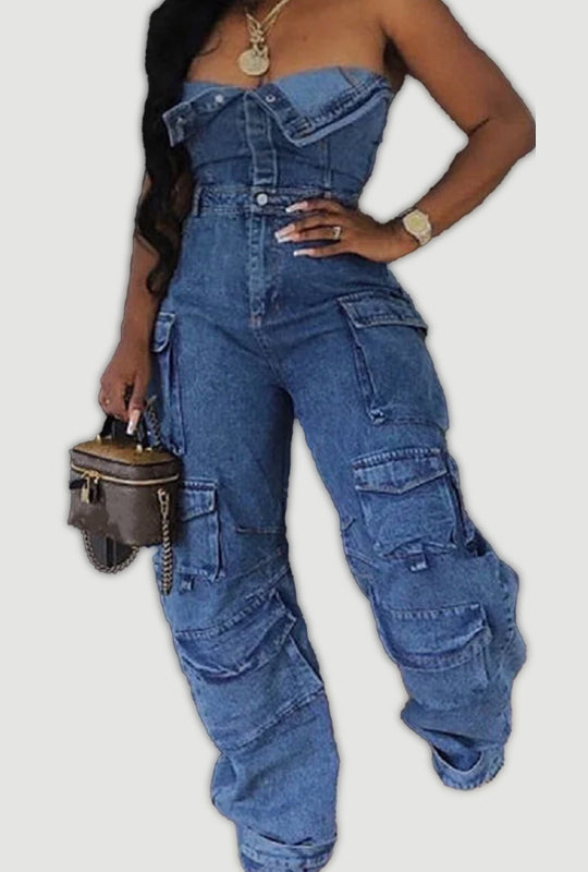 Denim Sleeveless Cargo Jumpsuit